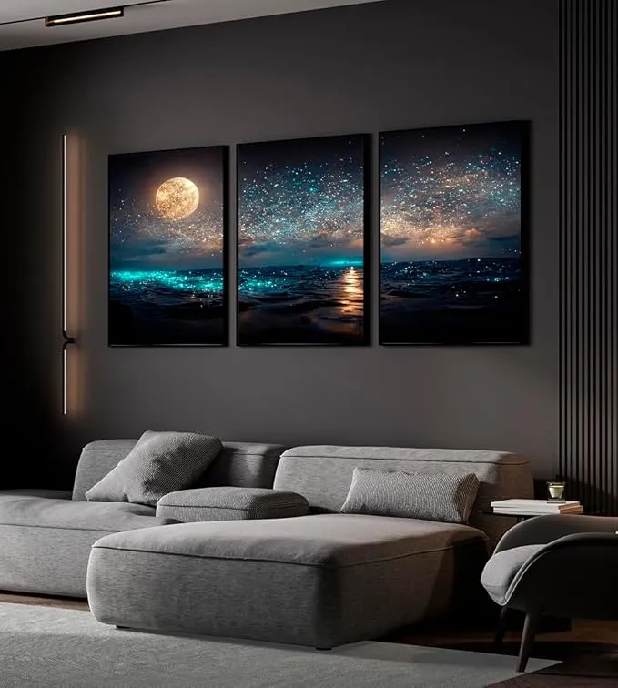 Kit 3 Quadro Com Moldura Paisagem Oceano Ceu Estrelado Lua